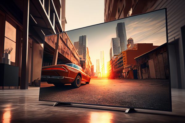 tv with city skyline illuminated at dusk with traffic motion ,generative artificial intelligence